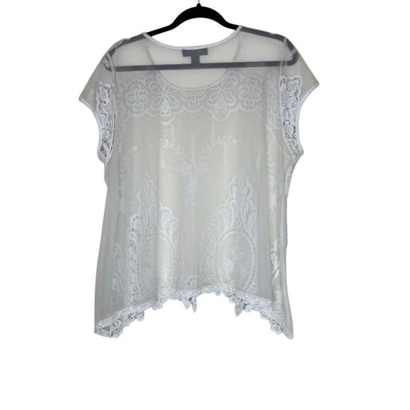Karen Kane Sheer White Embroidered Shark Bite Hem Top Sz XL - Picture 4 of 15